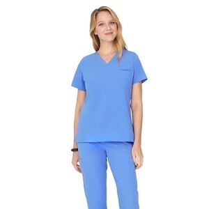 Mandala Scrub‎ Top Women’s Size Medium Ceil Blue One Pocket Short Sleeve V-Neck